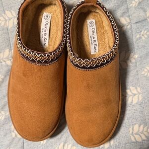 Olivia + Joy Tan Suede Slip-On Slippers with Brown Trim